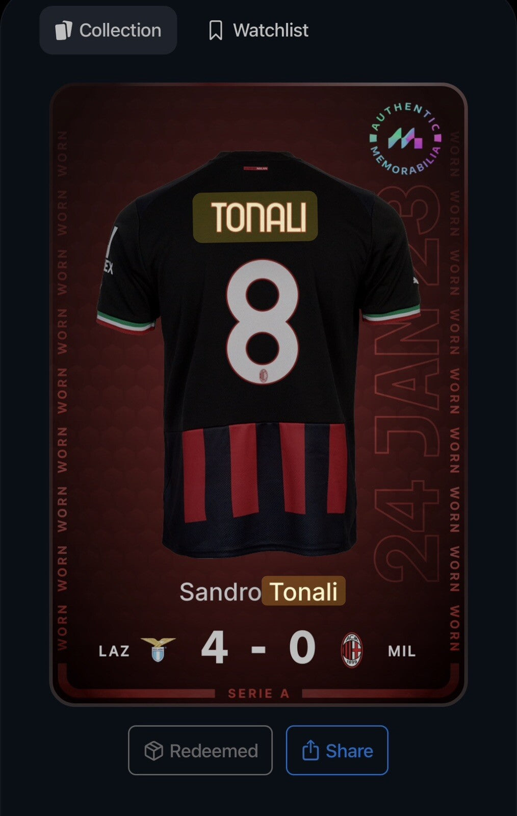 matchworn tonali 8 ac milan 2022 2023 home football shirt boxed 29