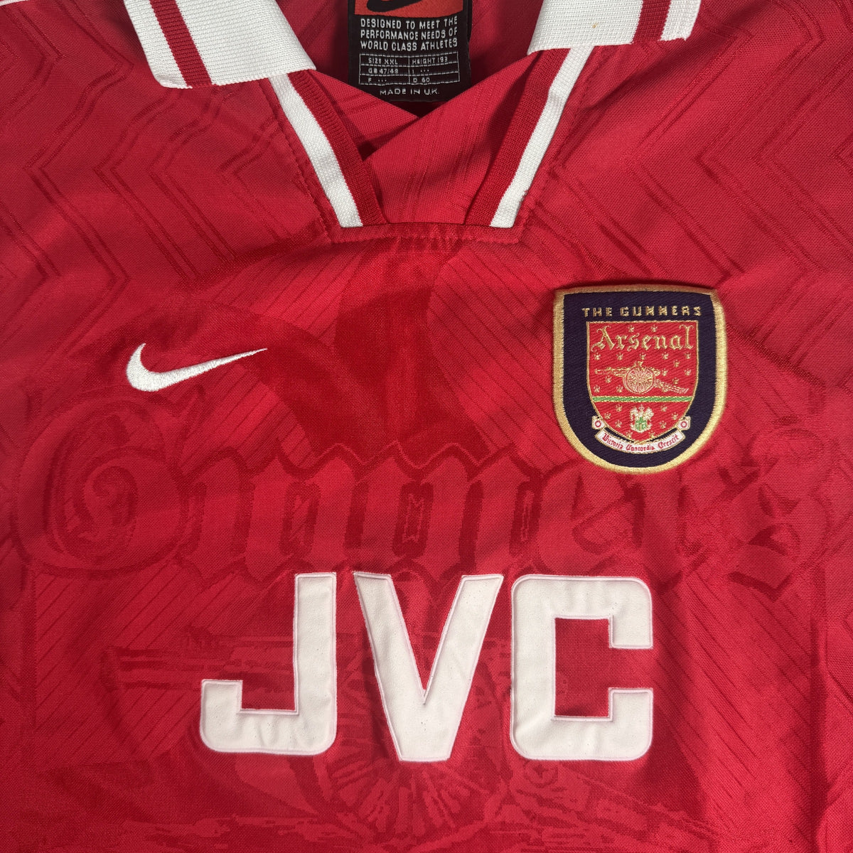 Close-up of Arsenal 1996/1997/1998 home football shirt, size XXL