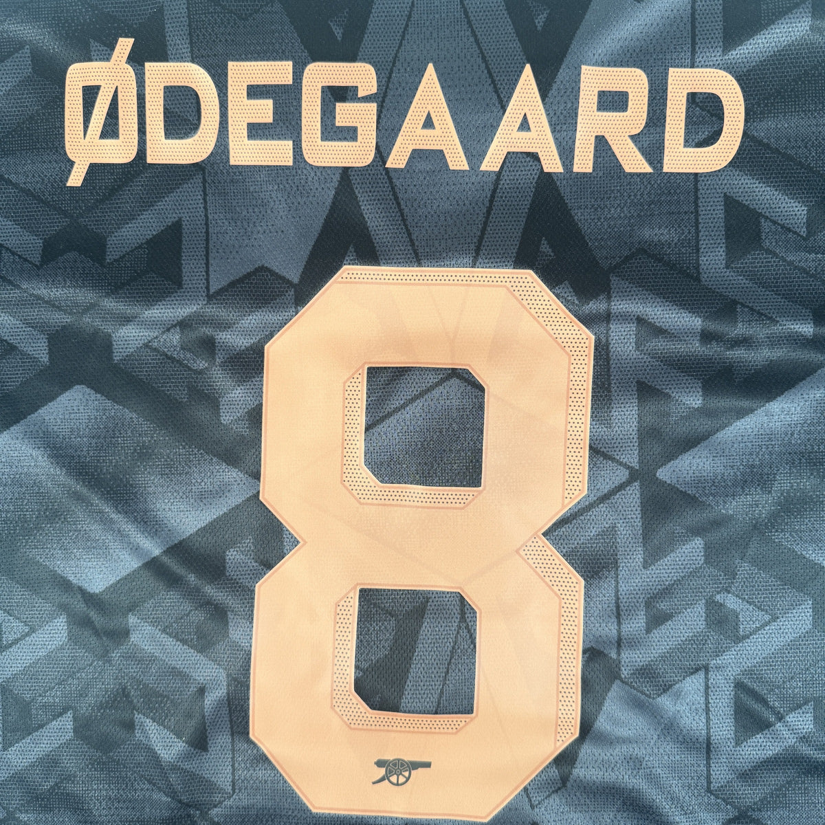 Close-up of Odegaard 8 on Arsenal 2022/2023 away football shirt, size XL