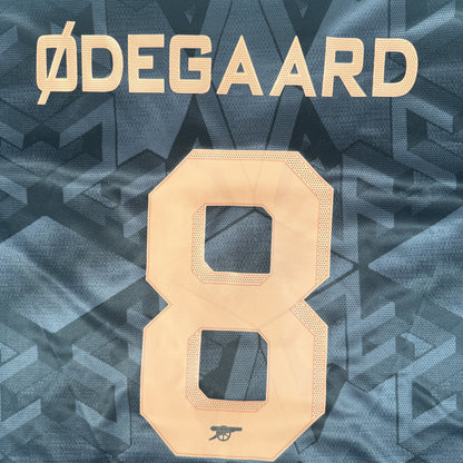 Close-up of Odegaard 8 on Arsenal 2022/2023 away football shirt, size XL