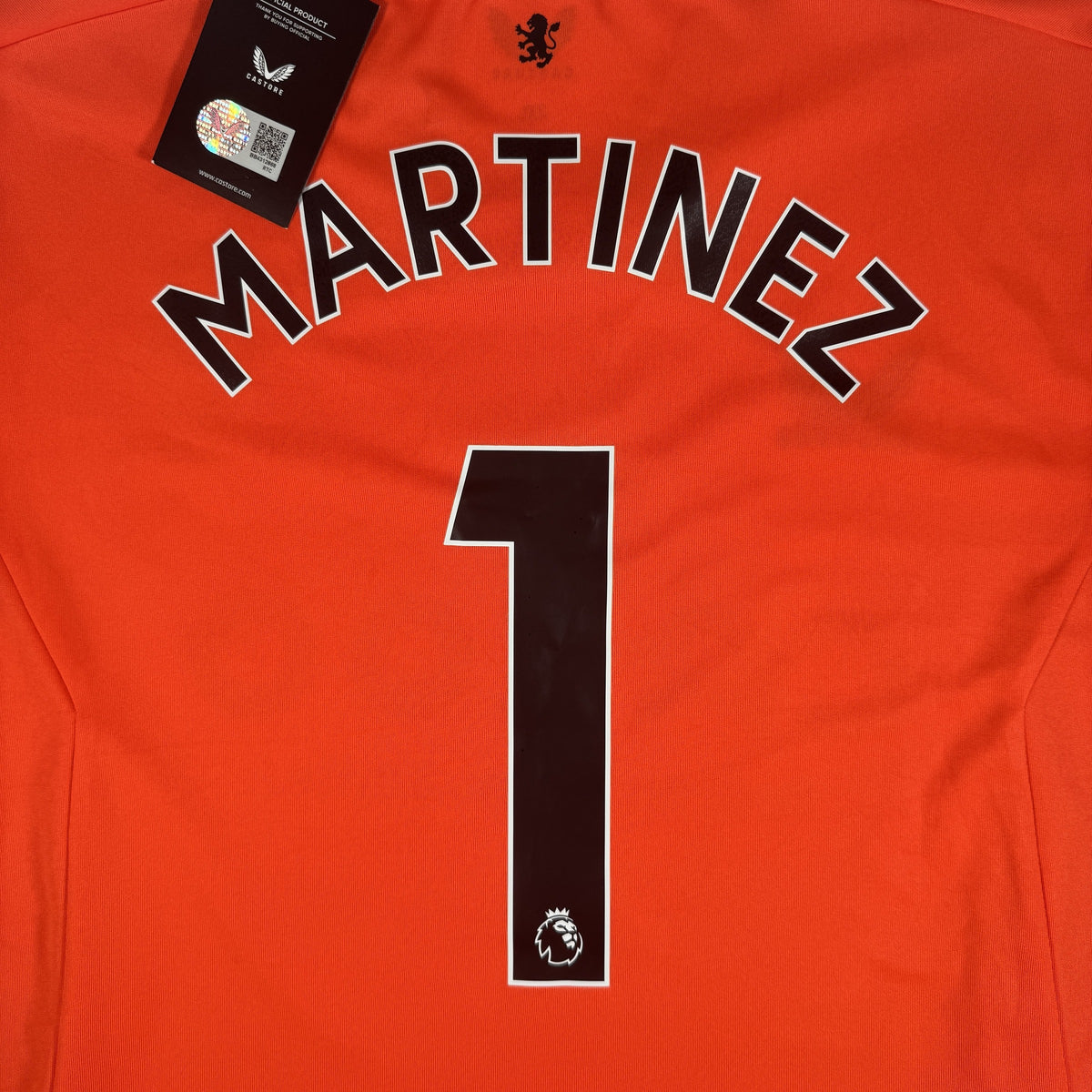Close-up of Martinez 1 on Aston Villa 2022/2023 goalkeeper football shirt, size 3XL