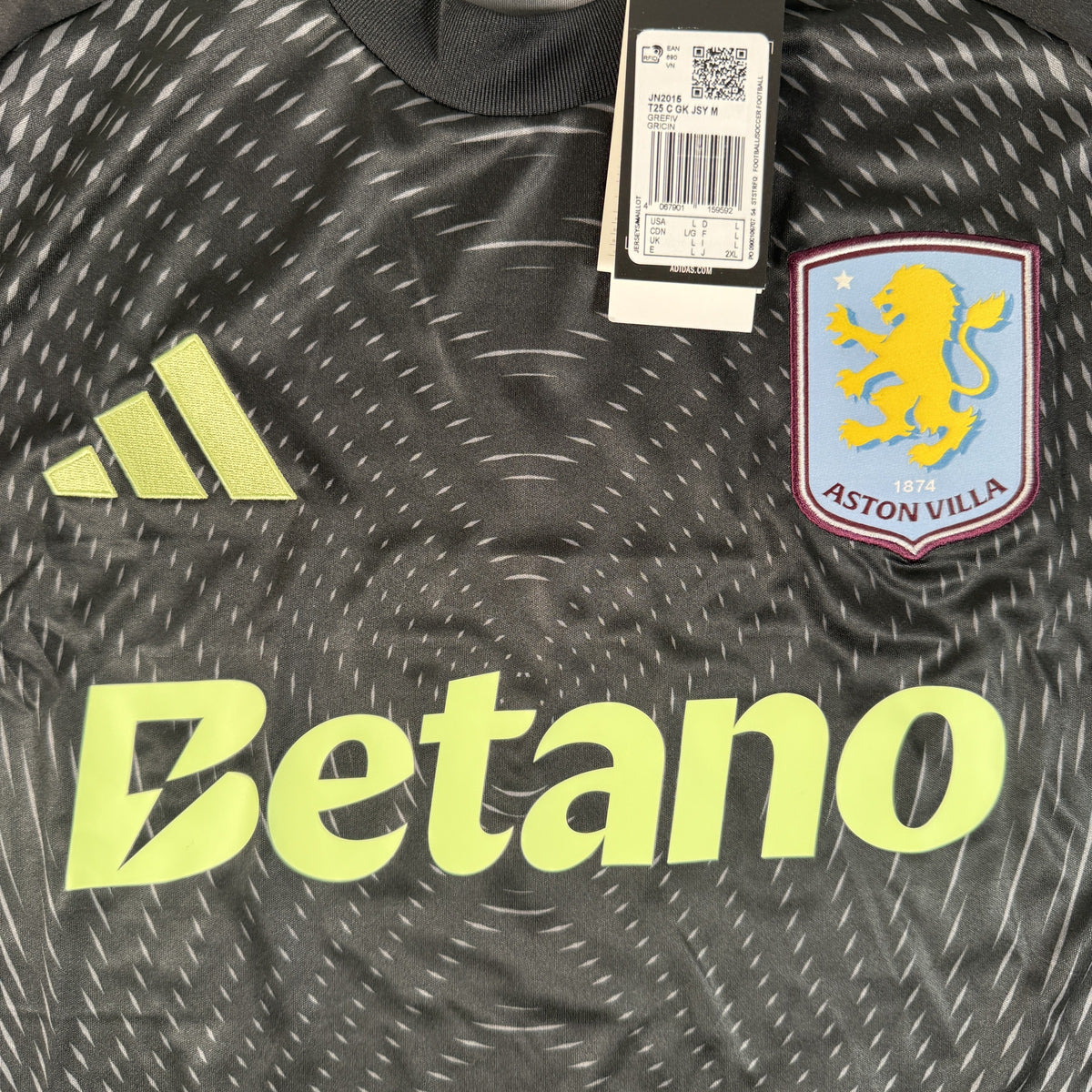 Close-up of Aston Villa 2025/2026 goalkeeper football shirt, size Large