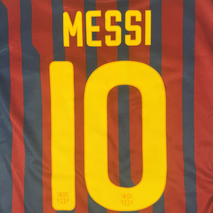Close-up of Messi 10 on Barcelona 2011/2012 home football shirt, size Large