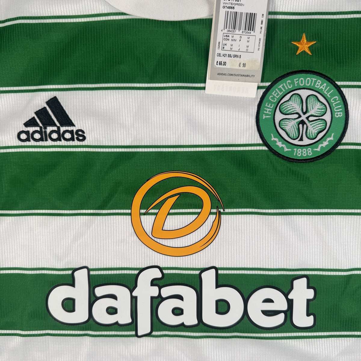 Close-up of Celtic 2021/2022 home football shirt, size Medium