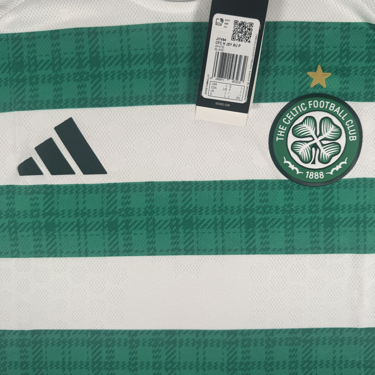 Close-up of Celtic 2025/2026 home football shirt, size Large