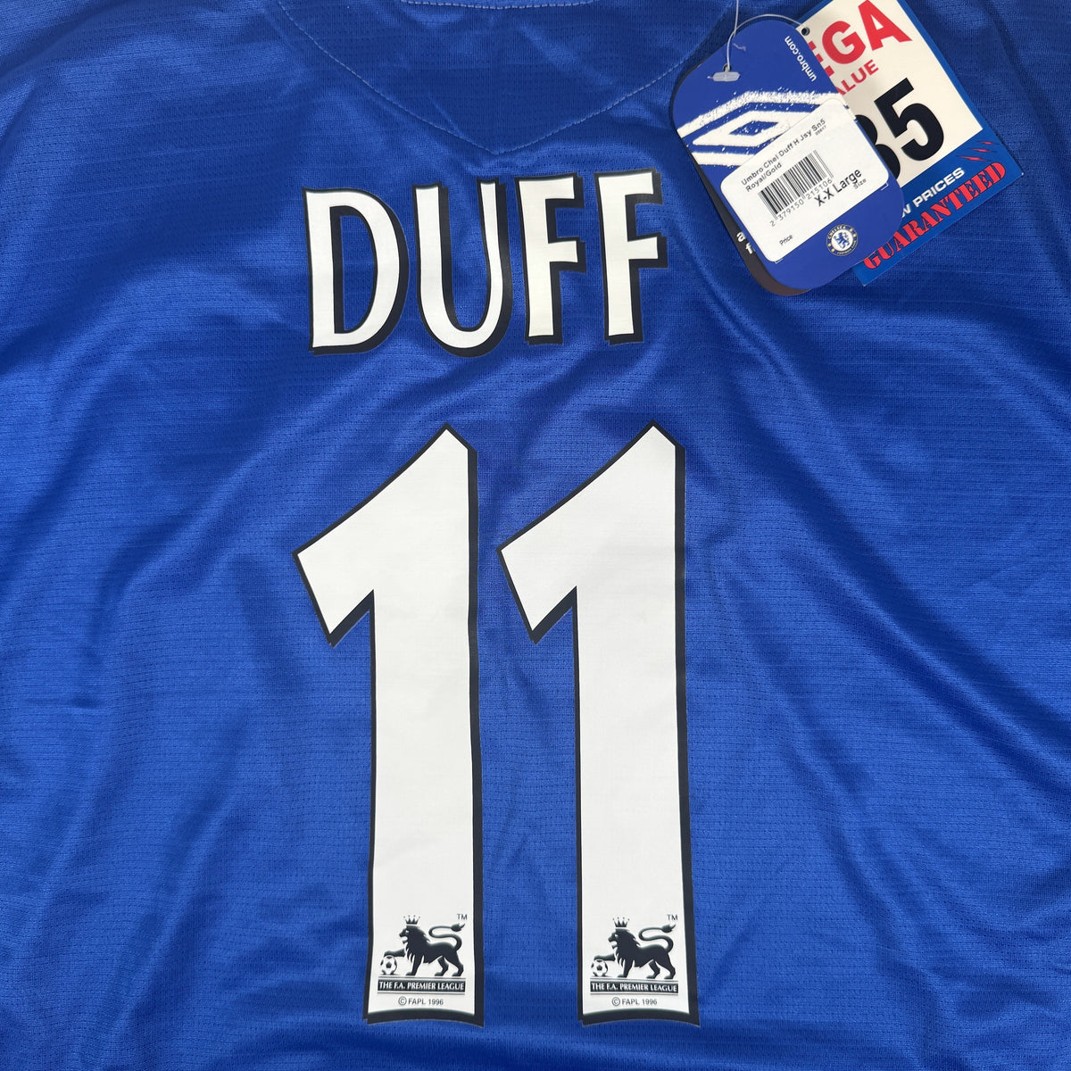 Close-up of Duff 11 on Chelsea 2005/2006 home football shirt, size XXL