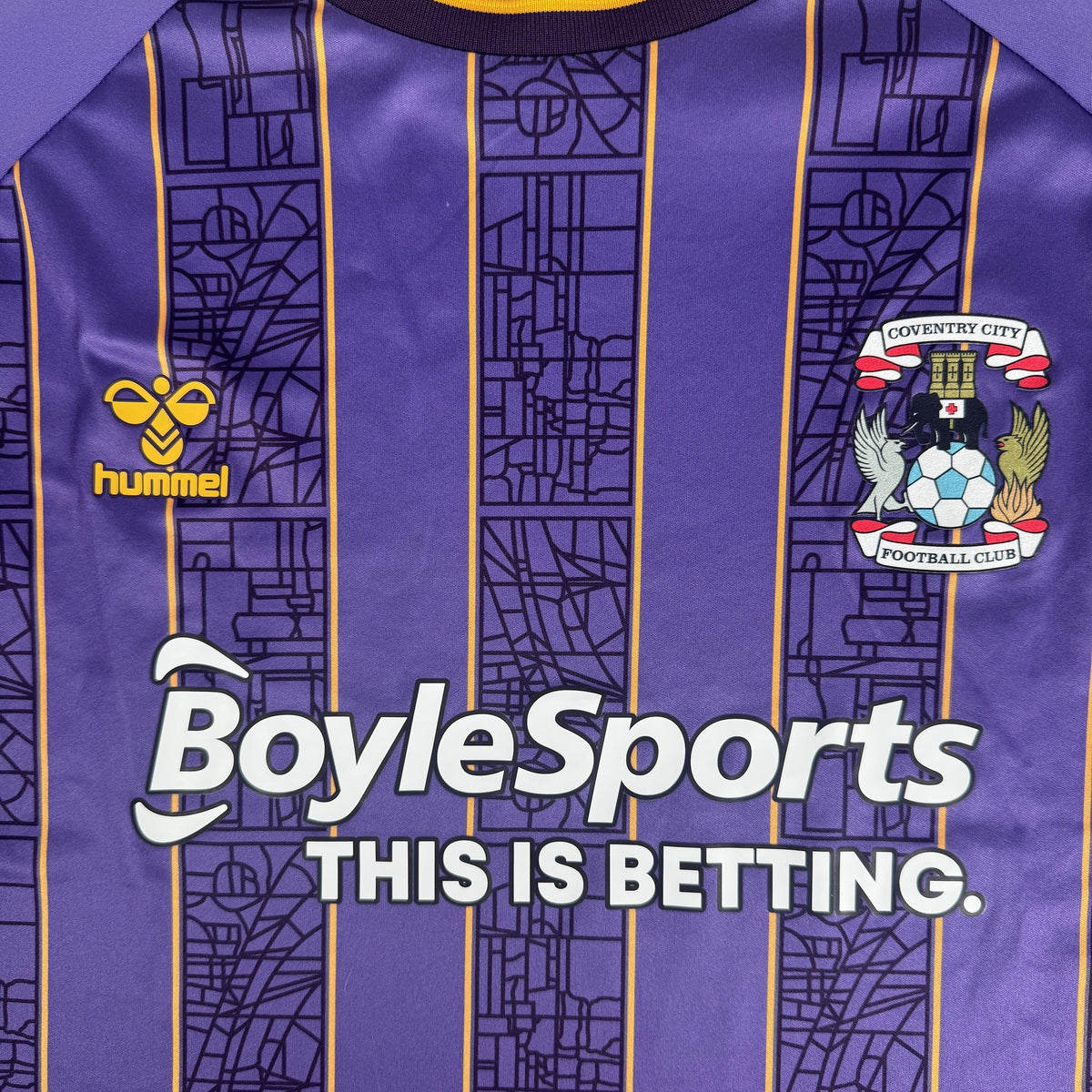 Close-up of Coventry City 2022/2023 away football shirt, size 4XL