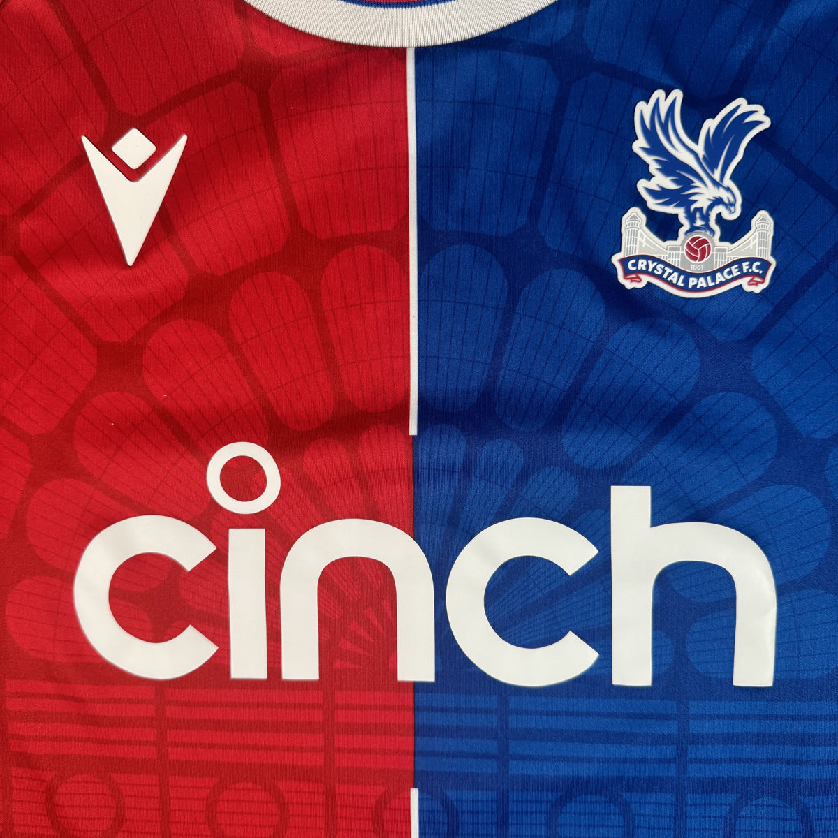Close-up of Crystal Palace 2023/2024 home football shirt, size XXL