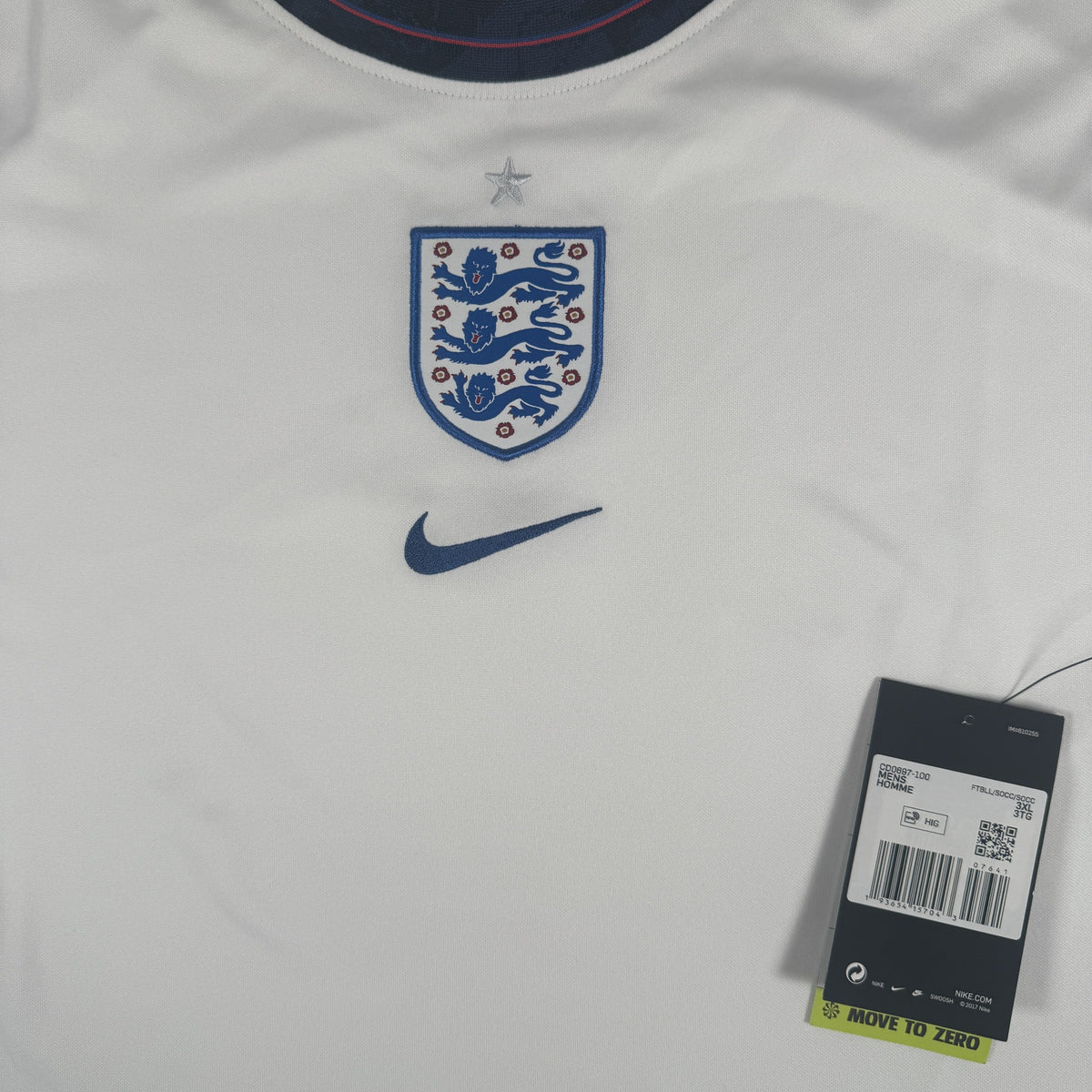 Close-up of England 2020/2021/2022 home football shirt, size 3XL