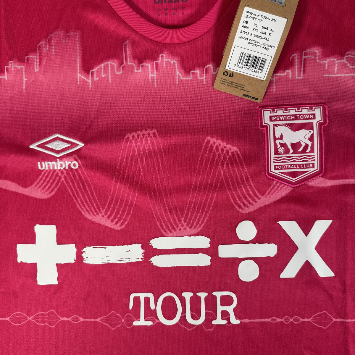 Close-up of Ipswich Town 2024/2025 third football shirt, size XL