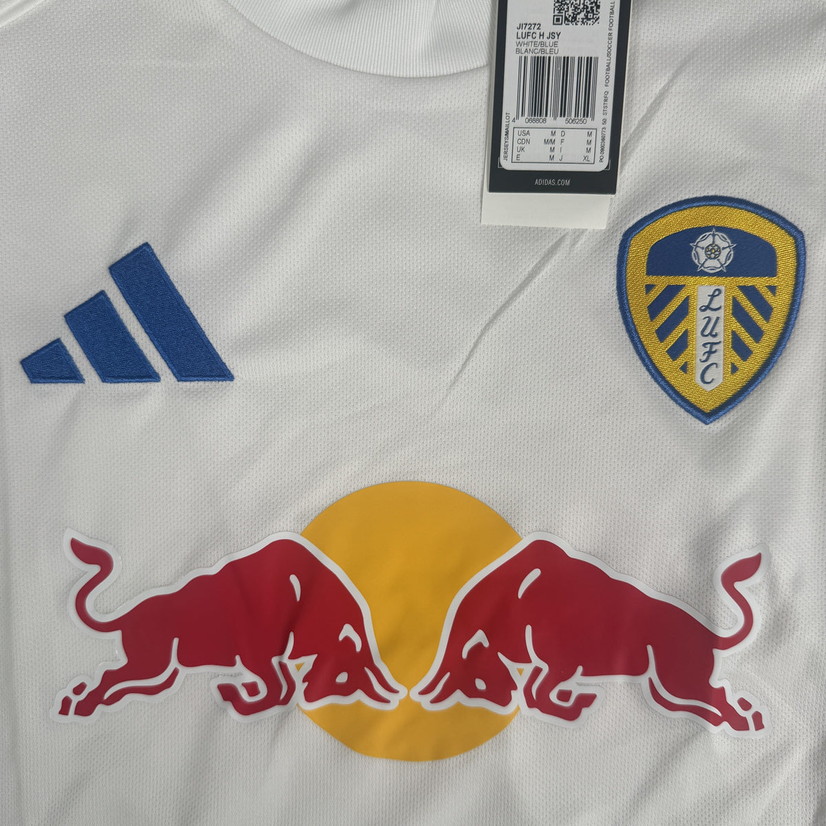 Close-up of Leeds United 2025/2026 home football shirt, size Medium