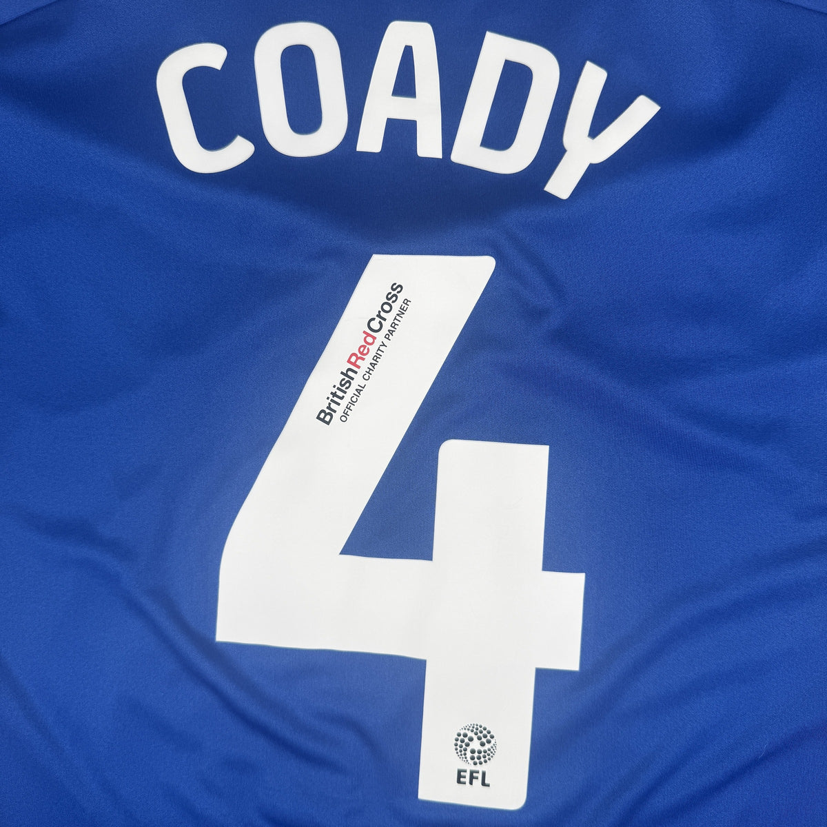 Close-up of Coady 4 on Leicester City 2023/2024 home football shirt, size XL