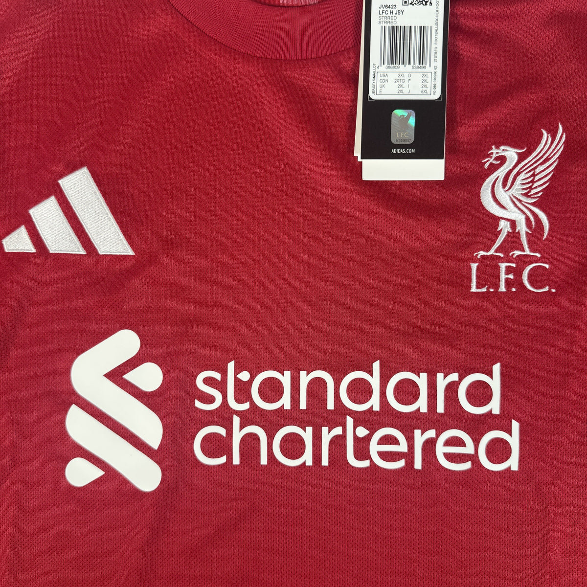 Close-up of Liverpool 2025/2026 home football shirt, size XXL