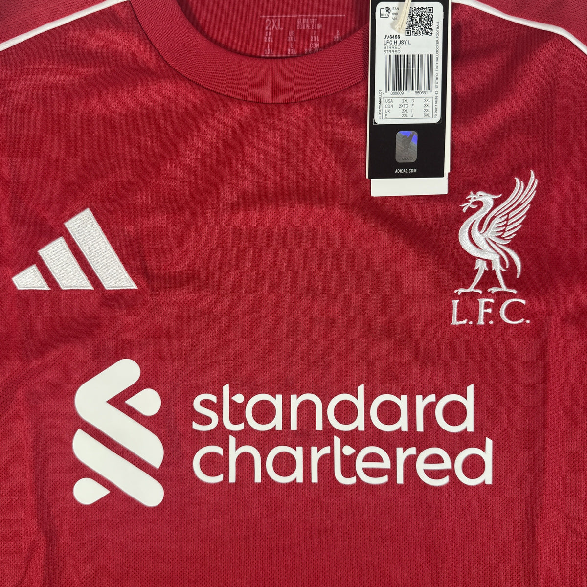 Close-up of Liverpool 2025/2026 home football shirt, size XXL