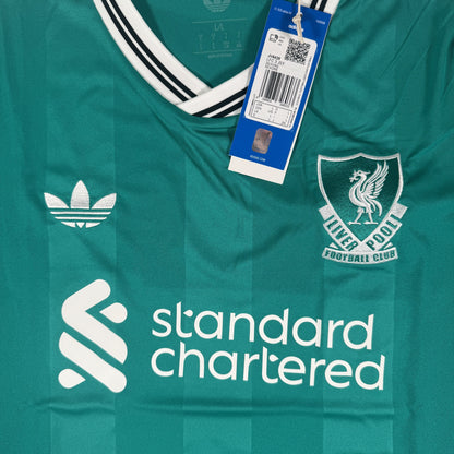 Close-up of Liverpool 2025/2026 third football shirt, size Large