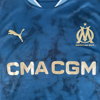 Close-up of Marseille 2024/2025 away football shirt, size Large