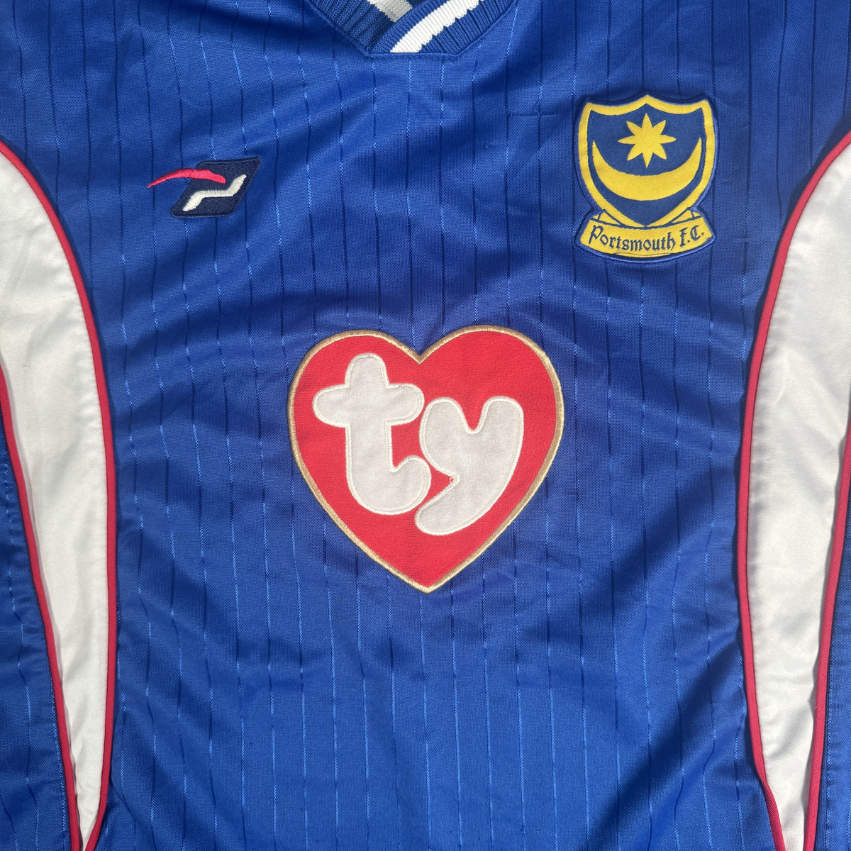 Close-up of Portsmouth 2002/2003 home football shirt, size XXL