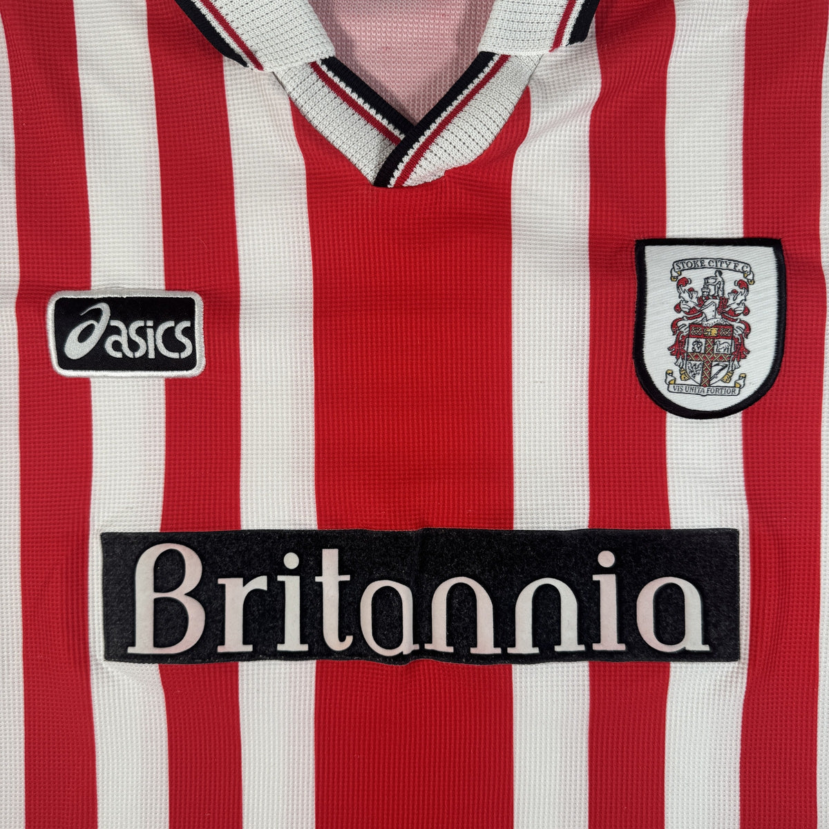 Close-up of Stoke City 1997/1998/1999 home football shirt, size XXL