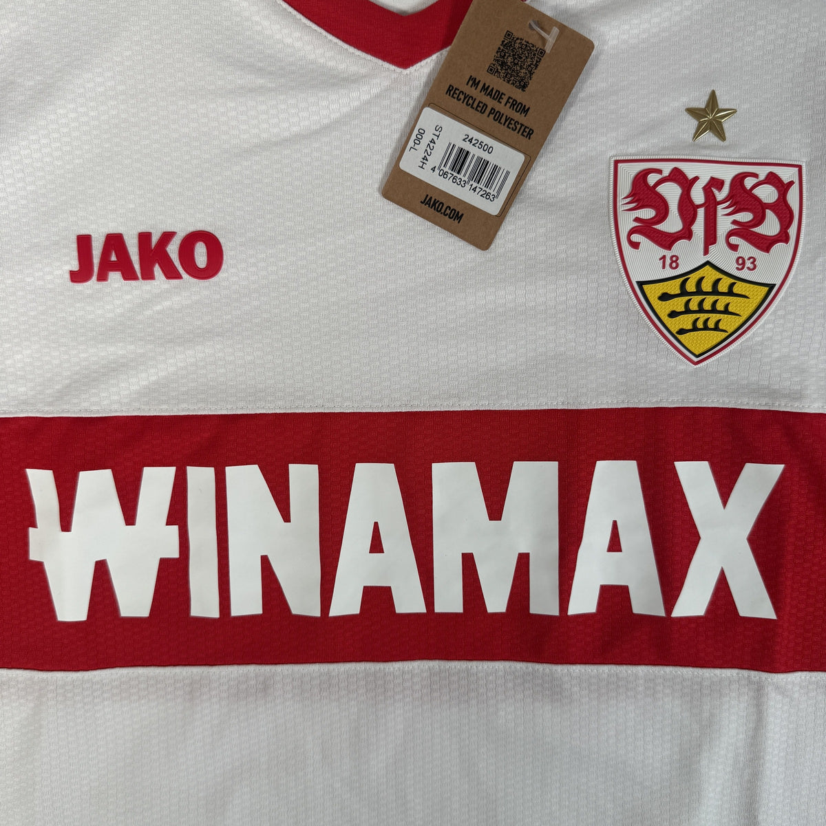 Close-up of VfB Stuttgart 2024/2025 home football shirt, size Large