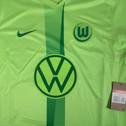 Close-up of VfL Wolfsburg 2024/2025 home football shirt, size Large